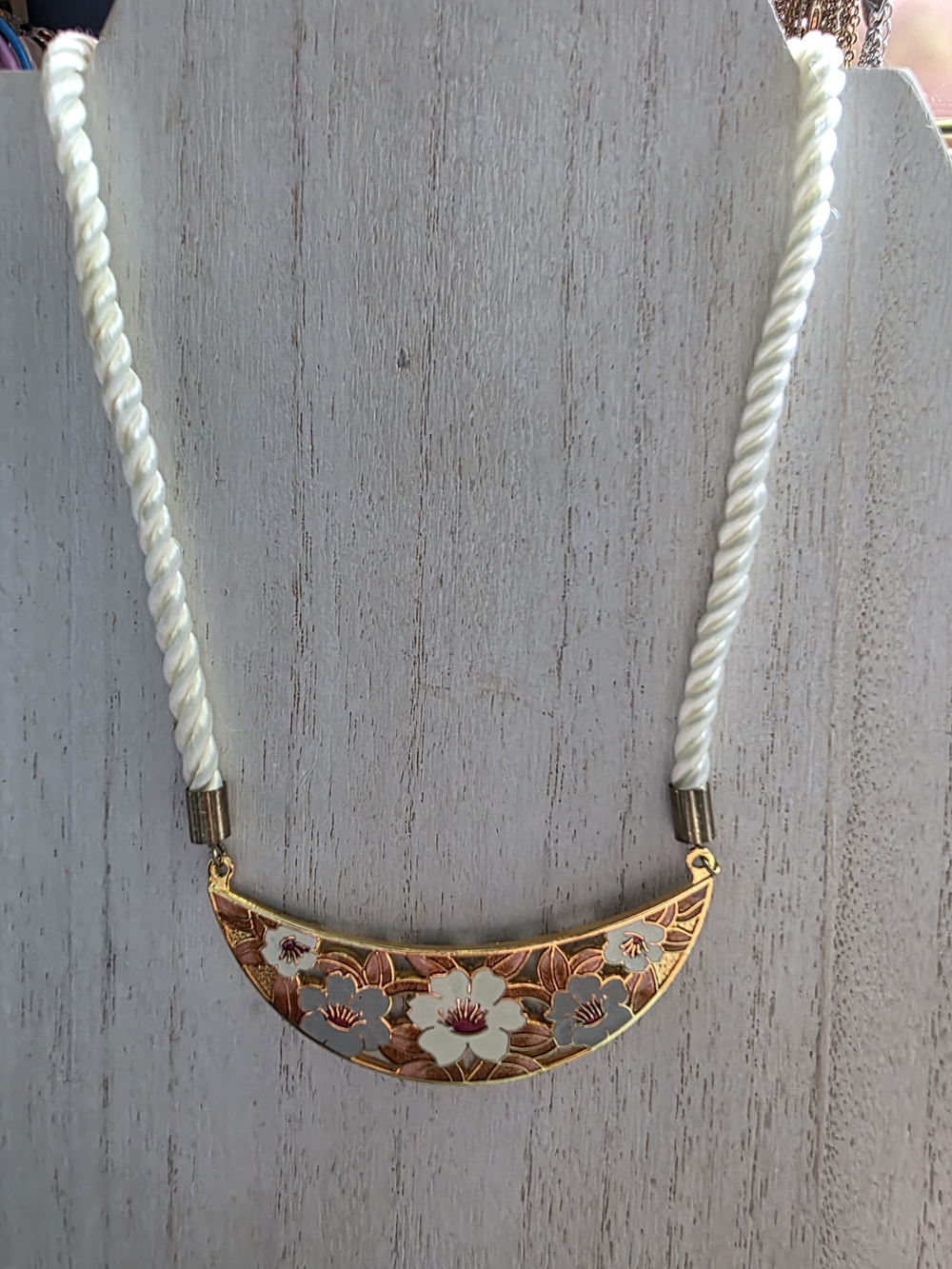 Floral Enamel Crescent Cloisonne Necklace in White and Gold - Women Jewelry